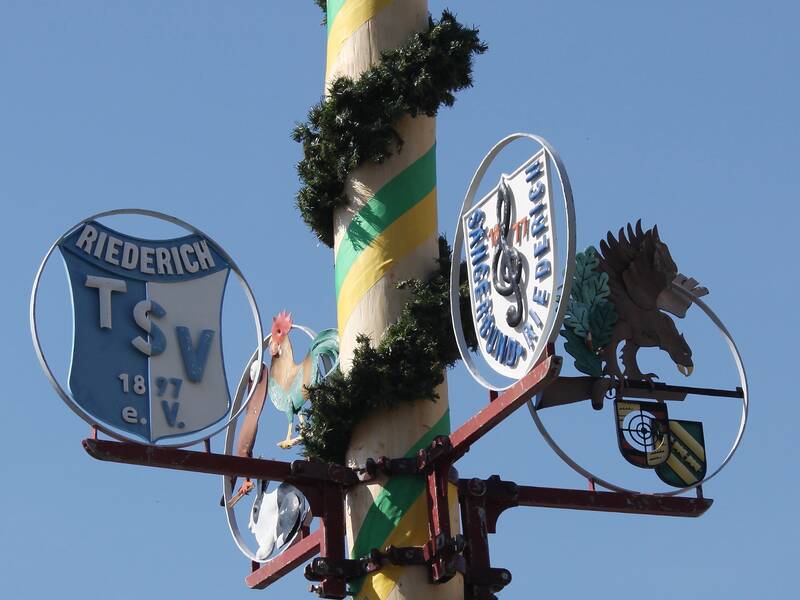 Das Bild zeigt einen Ausschnitt eines Maibums mit verschiedenen Wappen von Vereinen. 