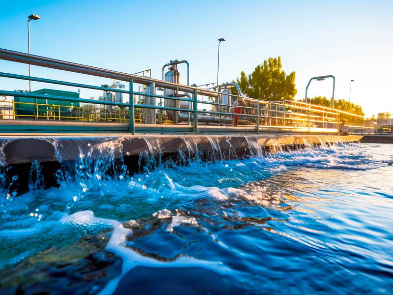 Das Bild zeigt eine Wasseraufbereitungsanlage bei Sonnenuntergang, in der klares Wasser über eine Kante in ein Becken fließt.