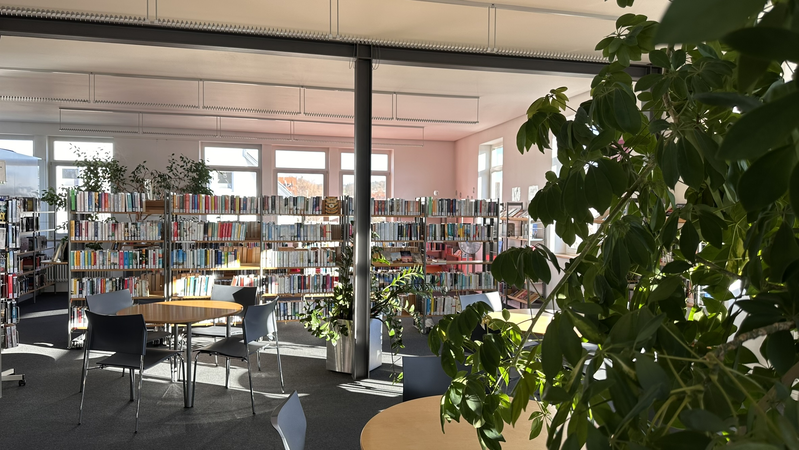 Ein sonnendurchfluteter Bibliotheksraum mit Regalreihen voller Bücher, runden Tischen mit Stühlen und einigen grünen Pflanzen.