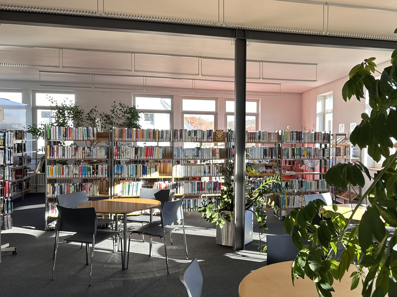 Ein sonnendurchfluteter Bibliotheksraum mit Regalreihen voller Bücher, runden Tischen mit Stühlen und einigen grünen Pflanzen.