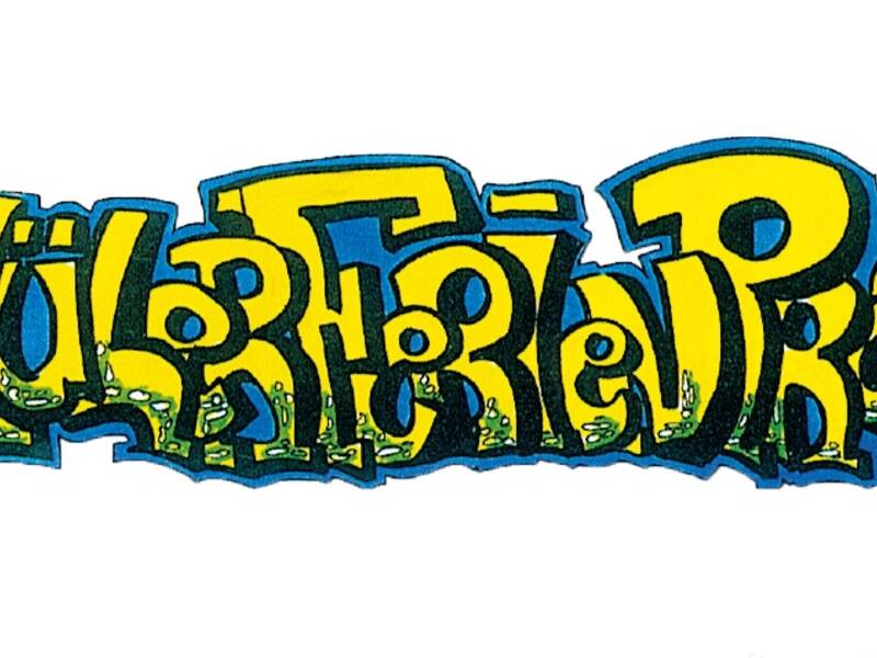 Der Text "Schülerferienprogramm" ist in bunten, graffitiartigen Buchstaben gestaltet, die in Gelb und Blau leuchten.